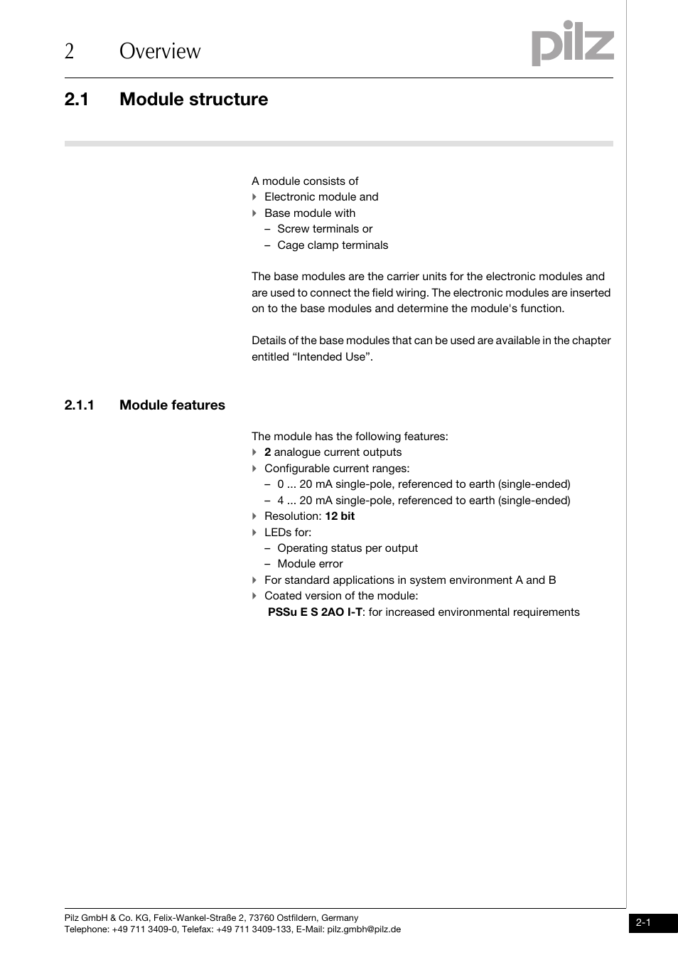 Overview, Module structure, Module features | 2overview, 1 module structure, 1 module features | Pilz PSSu E S 2AO I User Manual | Page 9 / 47