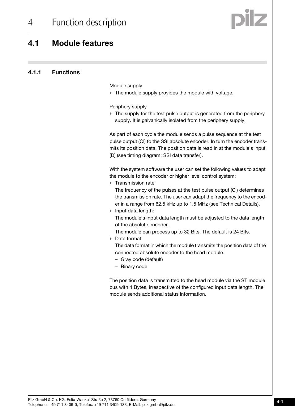 Function description, Module features, Functions | 4function description, 1 module features, 1 functions | Pilz PSSu E S ABS SSI User Manual | Page 17 / 43