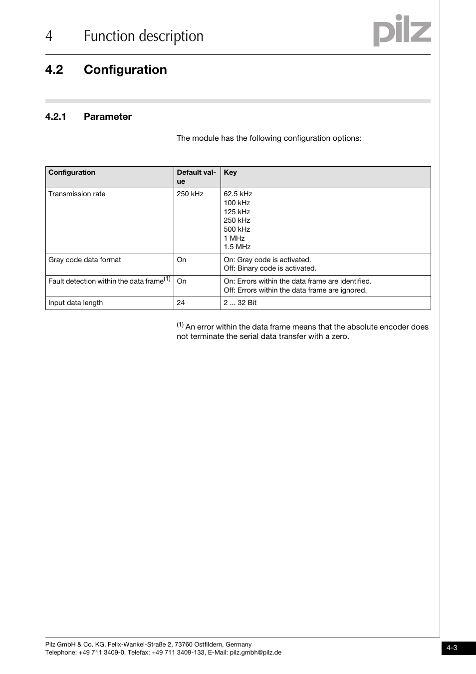 Configuration, Parameter, 4function description | 2 configuration, 1 parameter | Pilz PSSu E S ABS SSI User Manual | Page 19 / 43