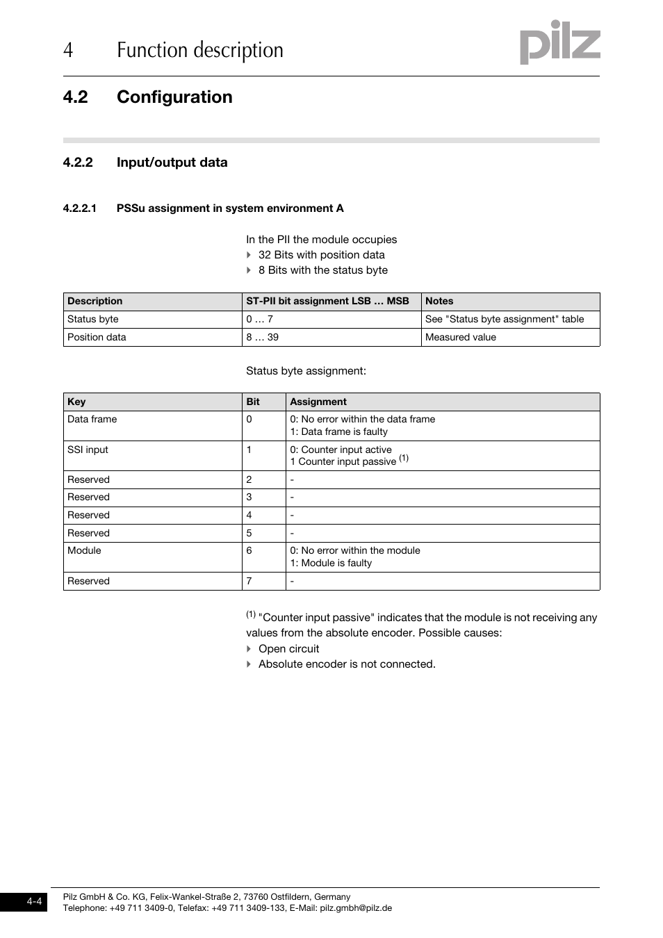 Input/output data, Pssu assignment in system environment a, 4function description | 2 configuration, 2 input/output data | Pilz PSSu E S ABS SSI User Manual | Page 20 / 43