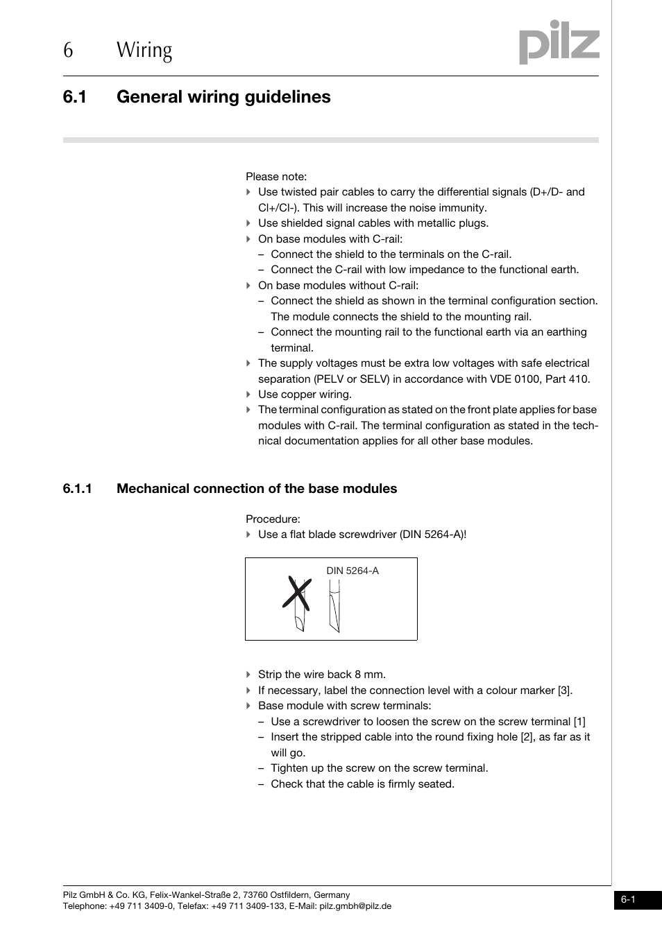 Wiring, General wiring guidelines, Mechanical connection of the base modules | 6wiring, 1 general wiring guidelines, 1 mechanical connection of the base modules | Pilz PSSu E S ABS SSI User Manual | Page 29 / 43