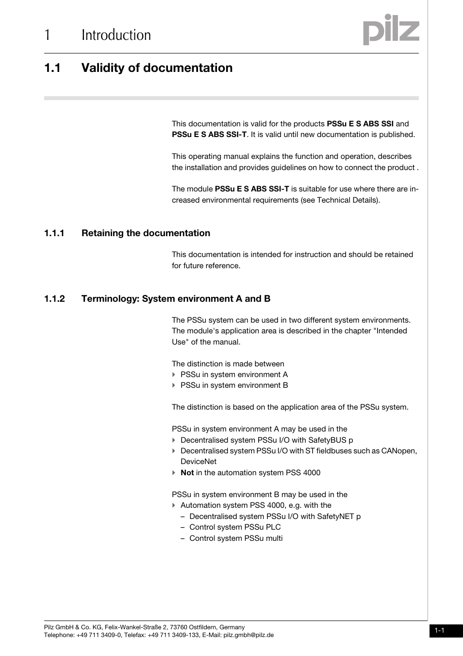 Introduction, Validity of documentation, Retaining the documentation | Terminology: system environment a and b, 1introduction, 1 validity of documentation, 1 retaining the documentation, 2 terminology: system environment a and b | Pilz PSSu E S ABS SSI User Manual | Page 5 / 43