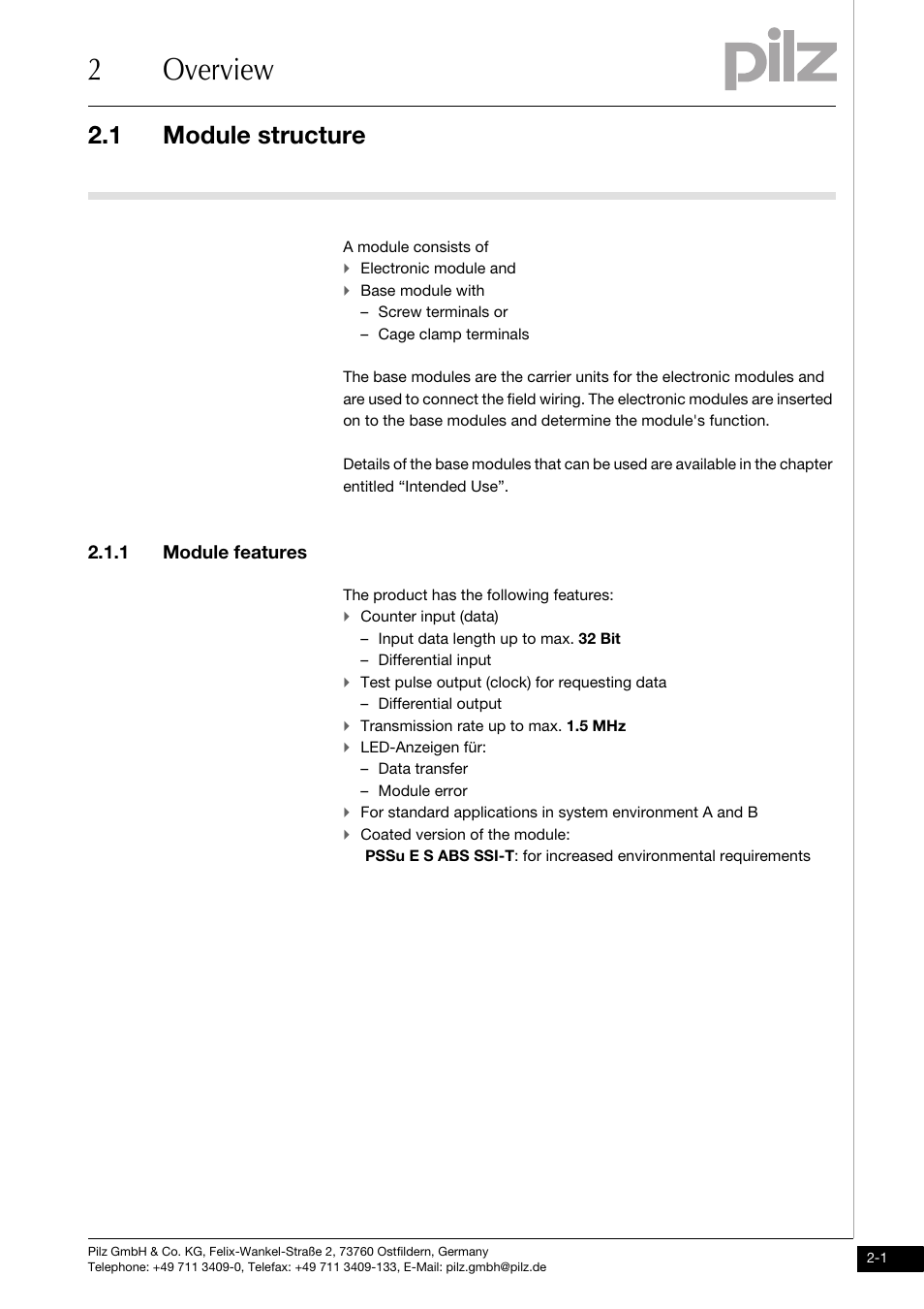 Overview, Module structure, Module features | 2overview, 1 module structure, 1 module features | Pilz PSSu E S ABS SSI User Manual | Page 9 / 43