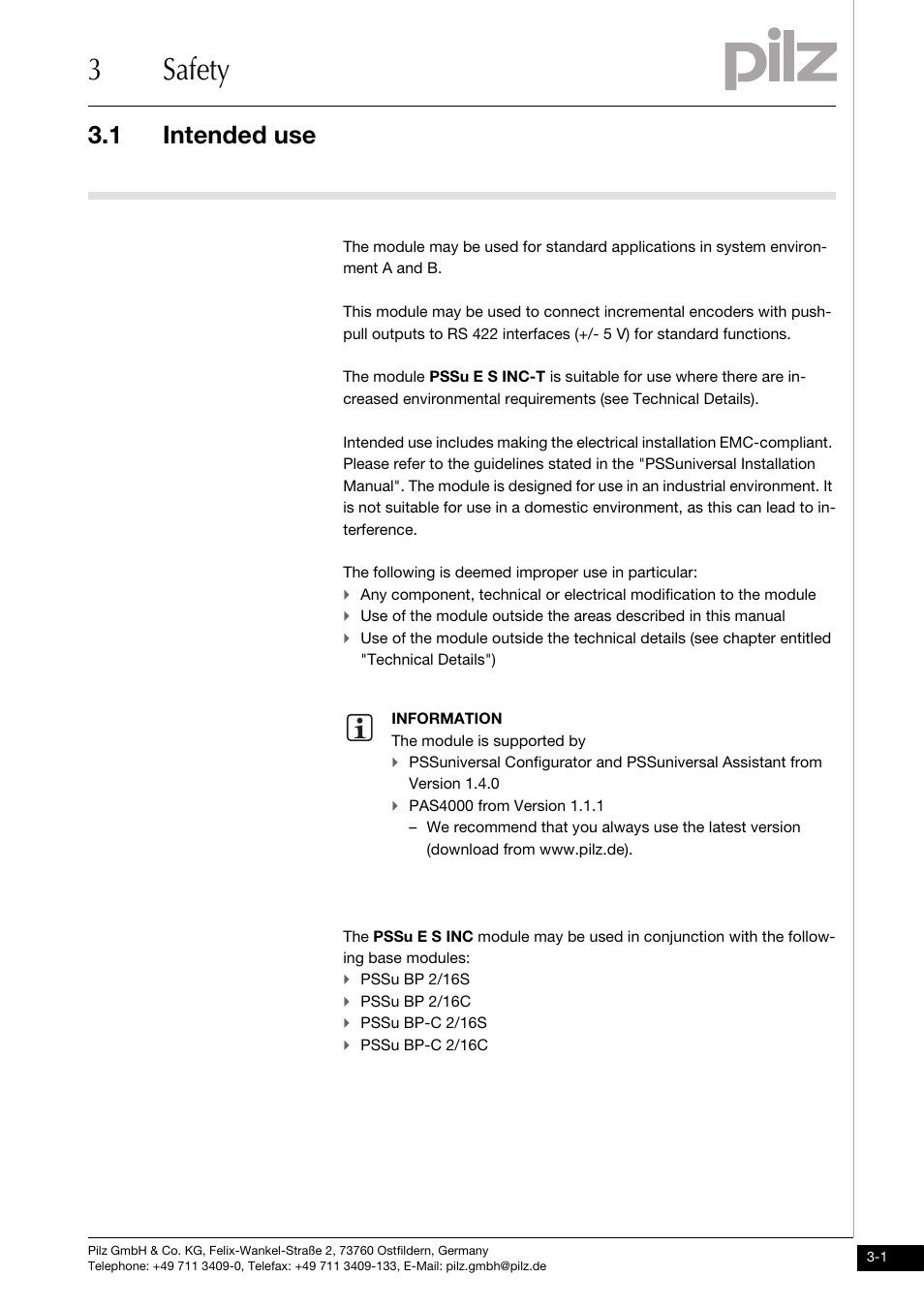 Safety, Intended use, 3safety | 1 intended use | Pilz PSSu E S INC User Manual | Page 13 / 49