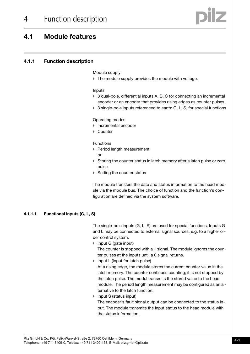 Function description, Module features, Functional inputs (g, l, s) | 4function description, 1 module features, 1 function description | Pilz PSSu E S INC User Manual | Page 17 / 49