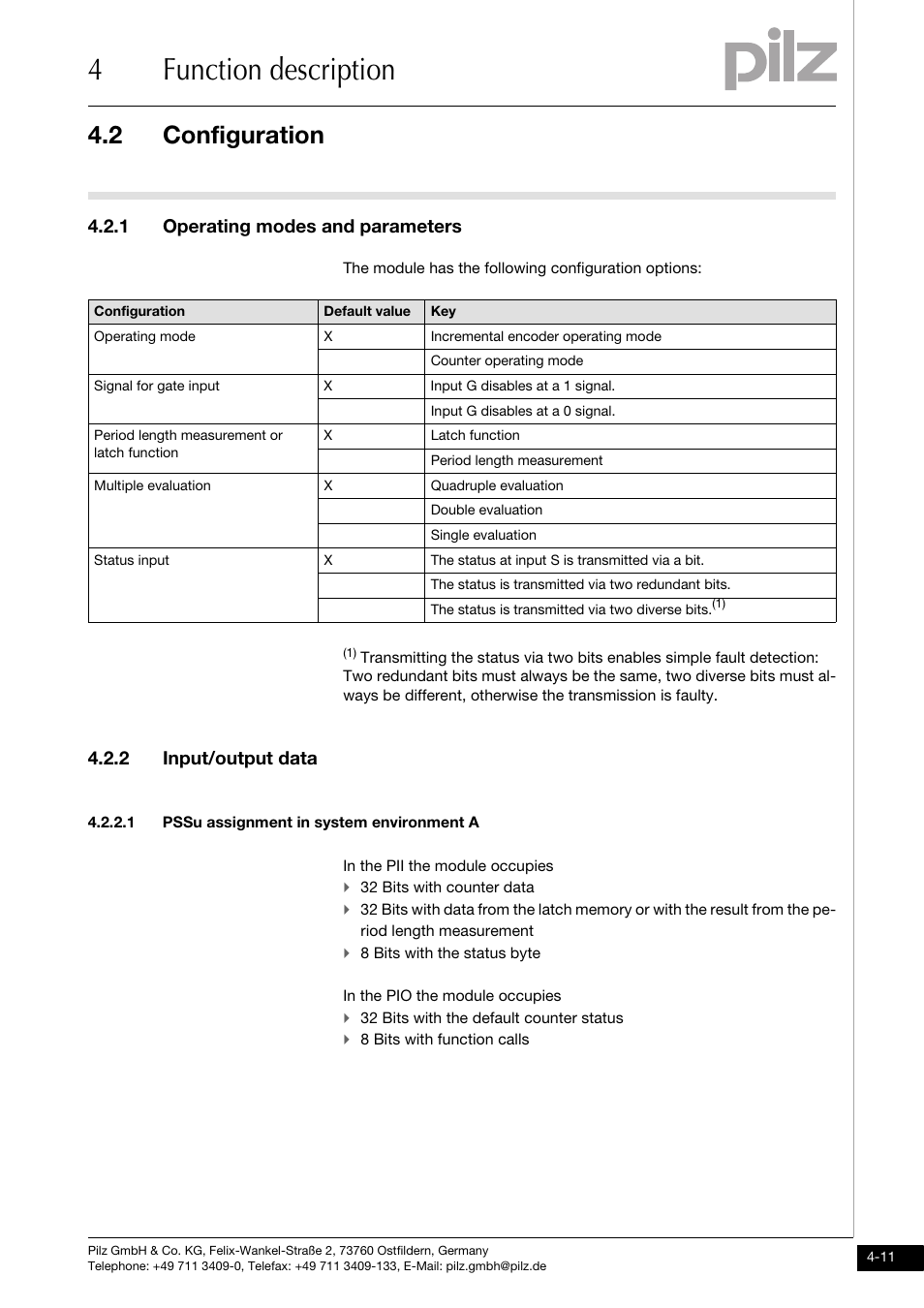 Configuration, Operating modes and parameters, Input/output data | Pssu assignment in system environment a, 4function description, 2 configuration, 1 operating modes and parameters, 2 input/output data | Pilz PSSu E S INC User Manual | Page 27 / 49
