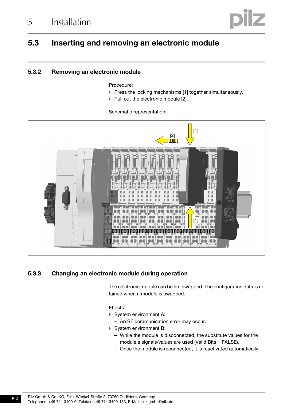Removing an electronic module, Changing an electronic module during operation, 5installation | 3 inserting and removing an electronic module, 2 removing an electronic module, 3 changing an electronic module during operation | Pilz PSSu E S INC User Manual | Page 34 / 49