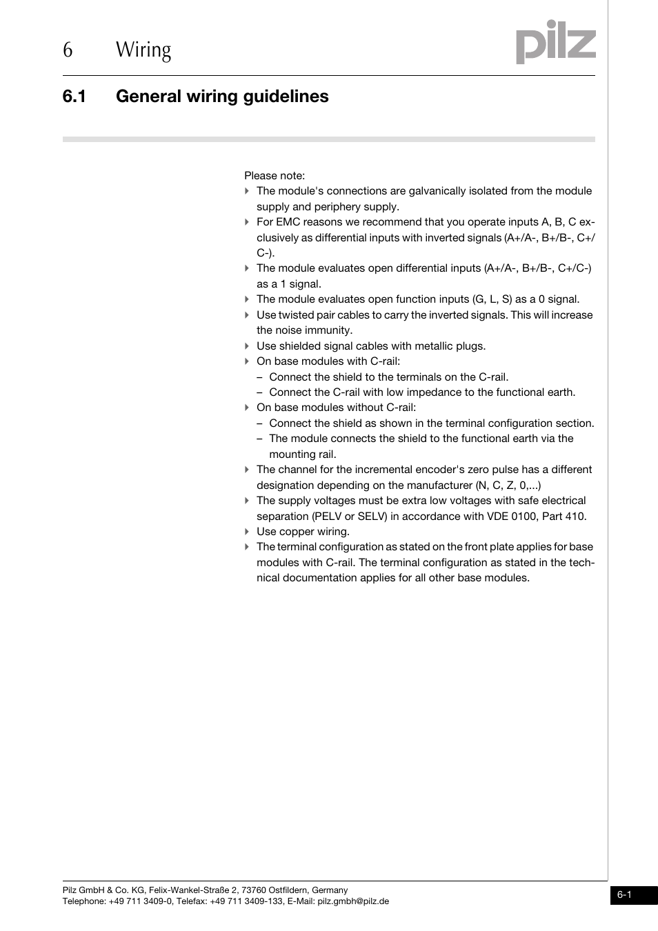 Wiring, General wiring guidelines, 6wiring | 1 general wiring guidelines | Pilz PSSu E S INC User Manual | Page 35 / 49
