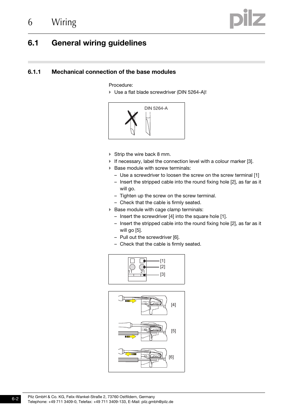 Mechanical connection of the base modules, 6wiring, 1 general wiring guidelines | 1 mechanical connection of the base modules | Pilz PSSu E S INC User Manual | Page 36 / 49