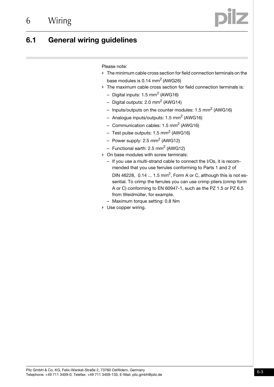 6wiring, 1 general wiring guidelines | Pilz PSSu E S INC User Manual | Page 37 / 49