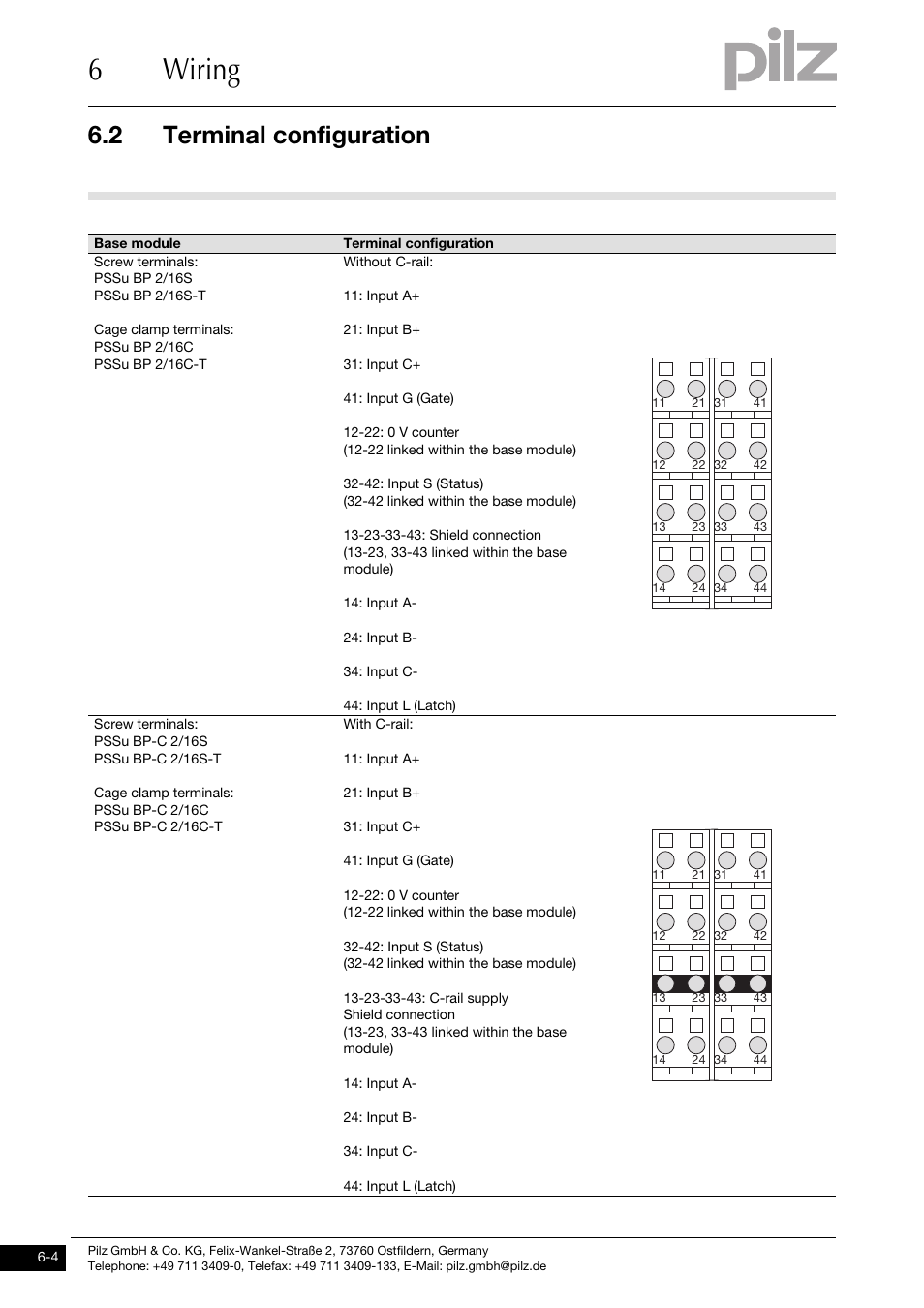 Terminal configuration, 6wiring, 2 terminal configuration | Pilz PSSu E S INC User Manual | Page 38 / 49