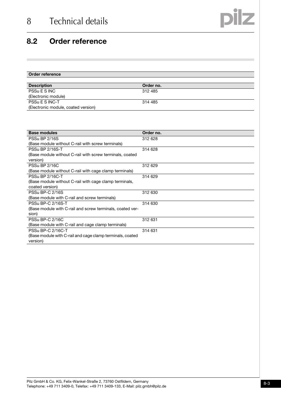 Order reference, 8technical details, 2 order reference | Pilz PSSu E S INC User Manual | Page 47 / 49