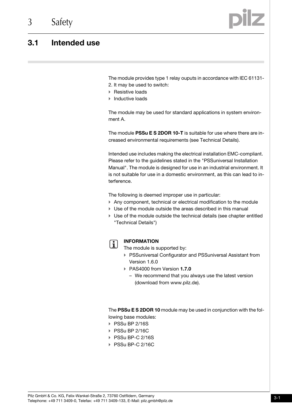 Safety, Intended use, 3safety | 1 intended use | Pilz PSSu E S 2DOR 10 User Manual | Page 13 / 38