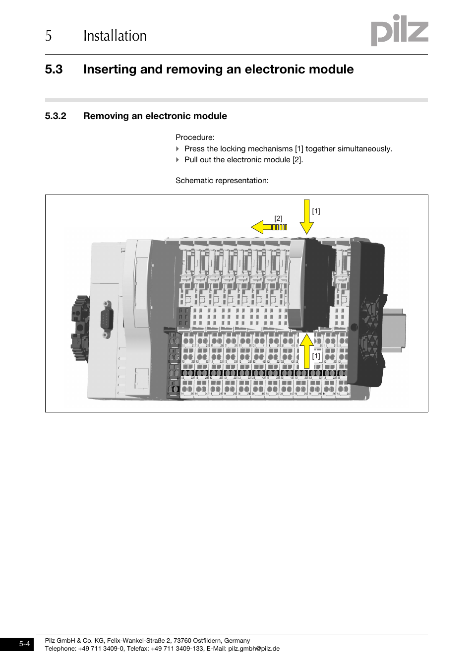 2 removing an electronic module, 5installation, 3 inserting and removing an electronic module | Pilz PSSu E S 2DOR 10 User Manual | Page 24 / 38