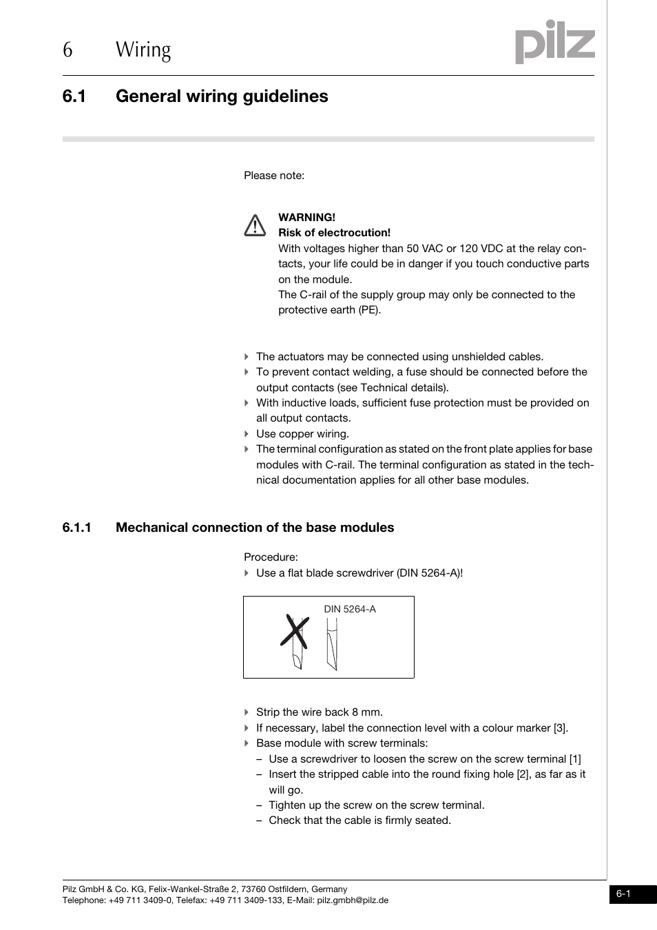 Wiring, General wiring guidelines, 1 mechanical connection of the base modules | 6wiring, 1 general wiring guidelines | Pilz PSSu E S 2DOR 10 User Manual | Page 26 / 38