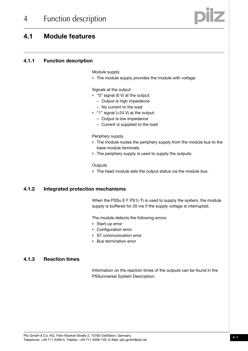 Function description, Module features, Integrated protection mechanisms | Reaction times, 4function description, 1 module features, 1 function description, 2 integrated protection mechanisms, 3 reaction times | Pilz PSSu E S 2DO 2-T User Manual | Page 17 / 35