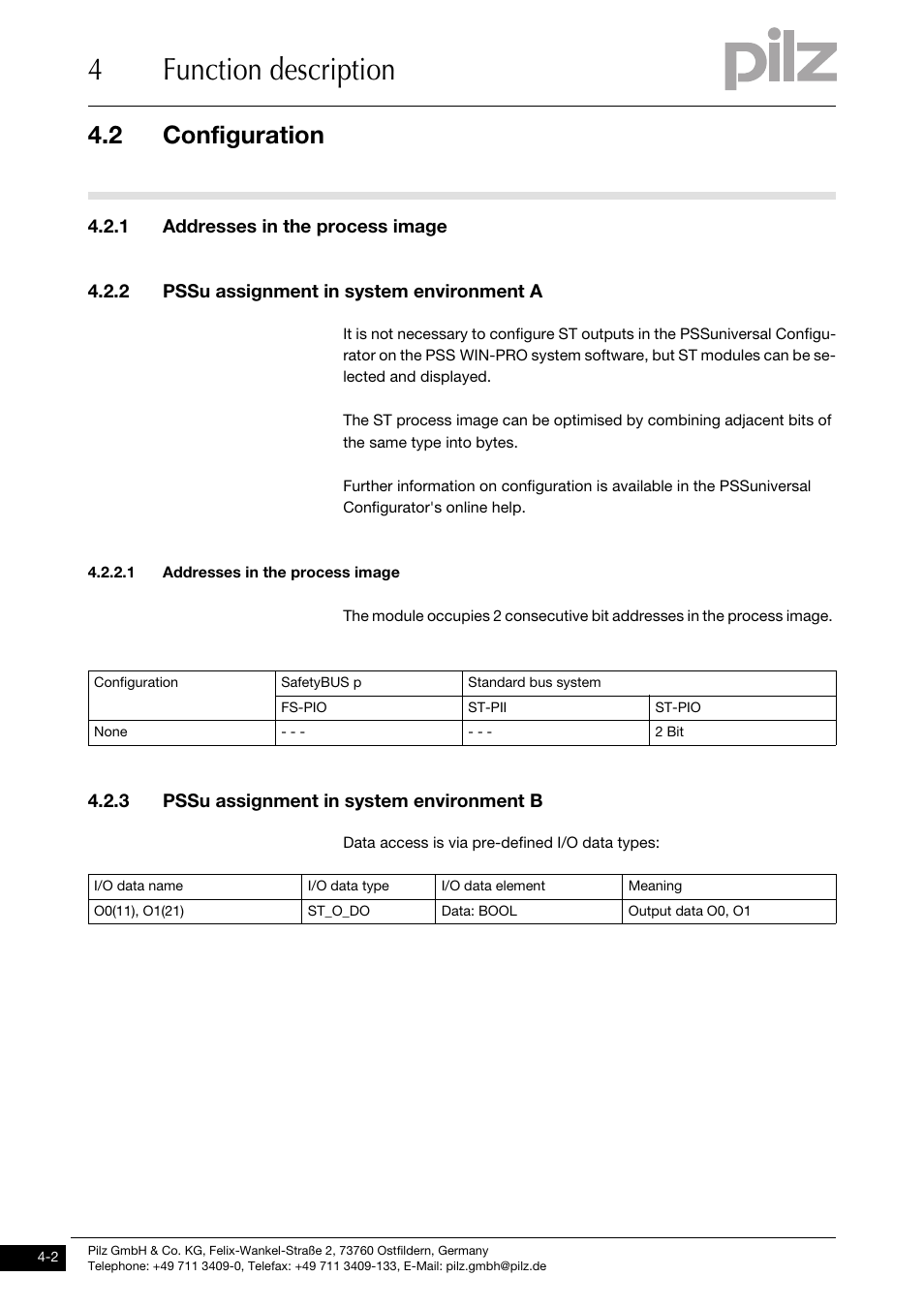 Configuration, Addresses in the process image, Pssu assignment in system environment a | Pssu assignment in system environment b, 4function description, 2 configuration, 1 addresses in the process image, 2 pssu assignment in system environment a, 3 pssu assignment in system environment b | Pilz PSSu E S 2DO 2-T User Manual | Page 18 / 35