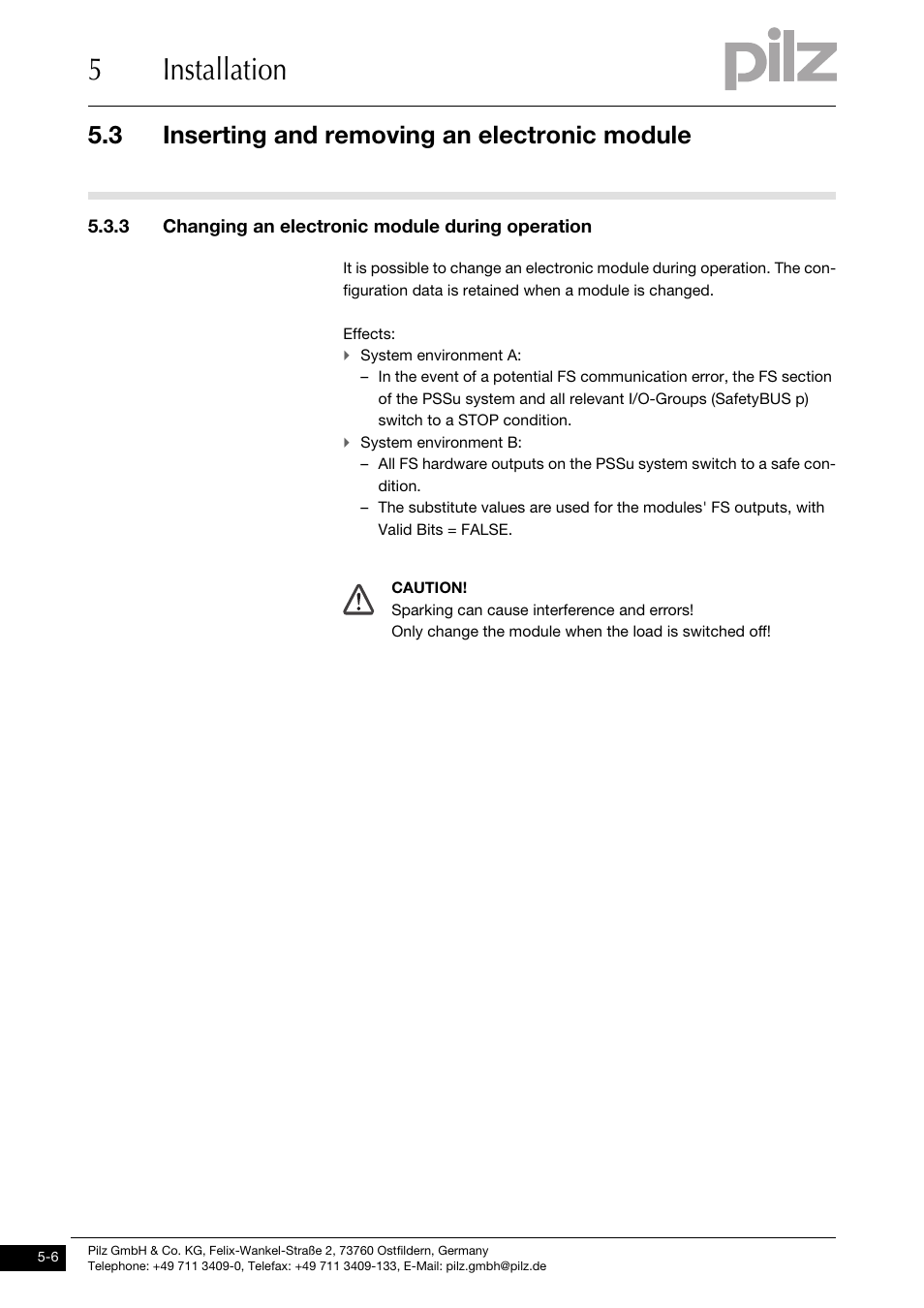 Changing an electronic module during operation, 5installation, 3 inserting and removing an electronic module | 3 changing an electronic module during operation | Pilz PSSu E S 2DO 2-T User Manual | Page 24 / 35