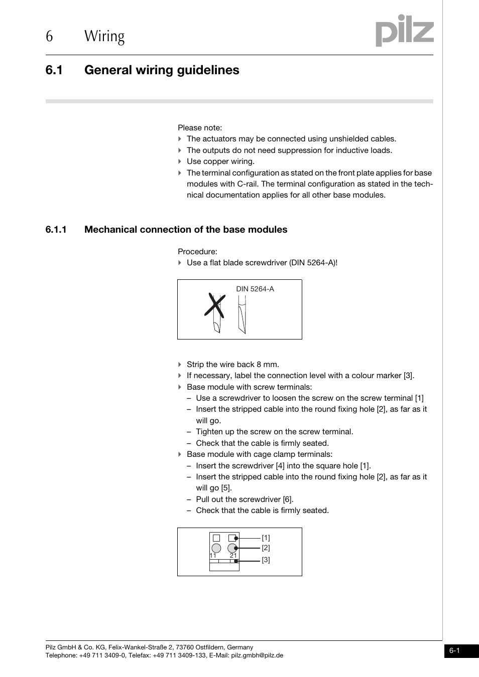 Wiring, General wiring guidelines, Mechanical connection of the base modules | 6wiring, 1 general wiring guidelines, 1 mechanical connection of the base modules | Pilz PSSu E S 2DO 2-T User Manual | Page 25 / 35