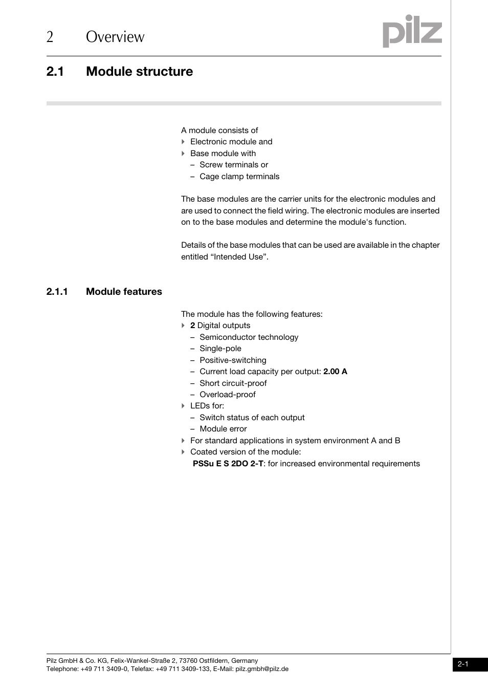 Overview, Module structure, Module features | 2overview, 1 module structure, 1 module features | Pilz PSSu E S 2DO 2-T User Manual | Page 9 / 35
