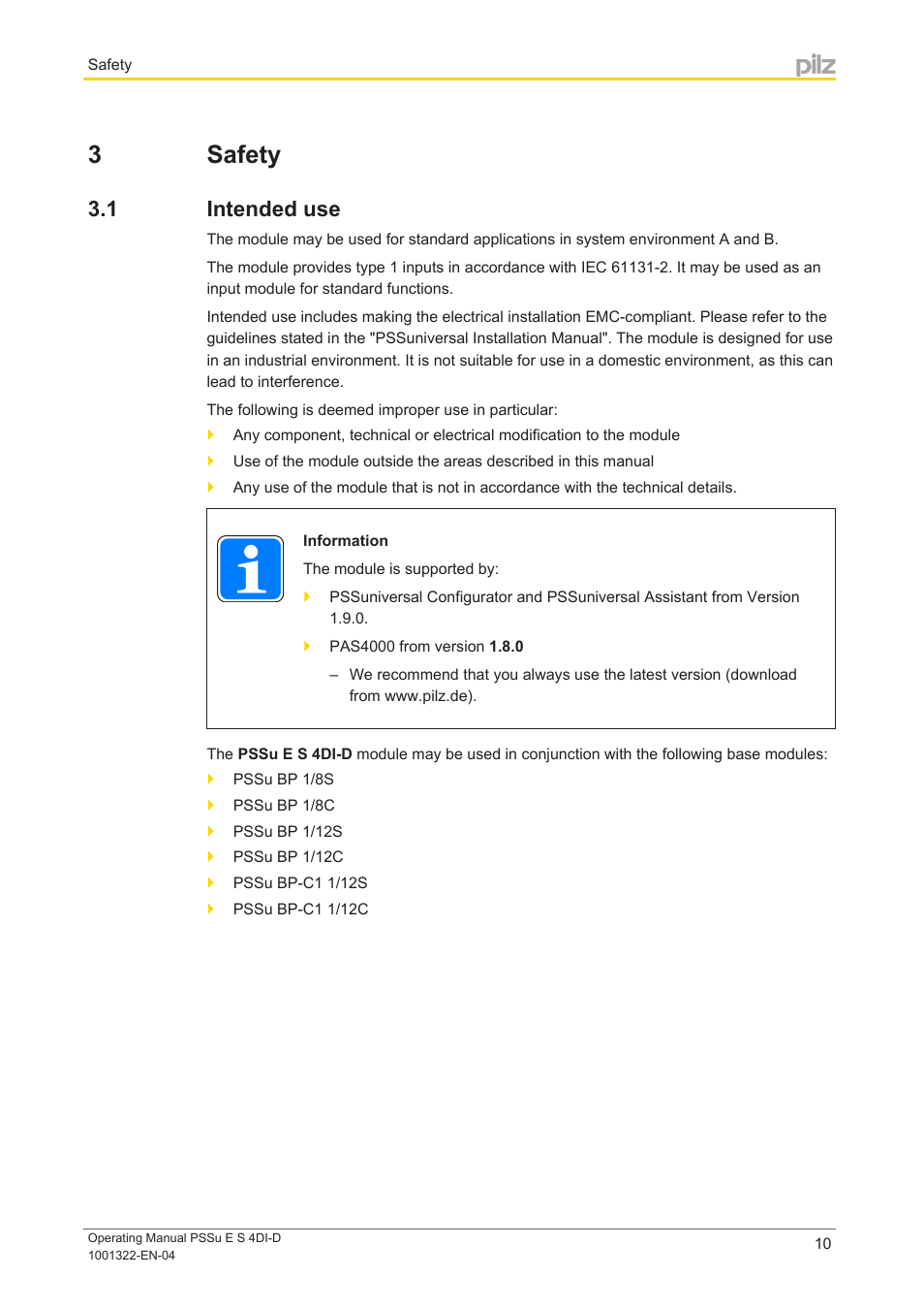 3 safety, 1 intended use, Section 3 | Safety, Intended use | Pilz PSSu E S 4DI-D User Manual | Page 10 / 32