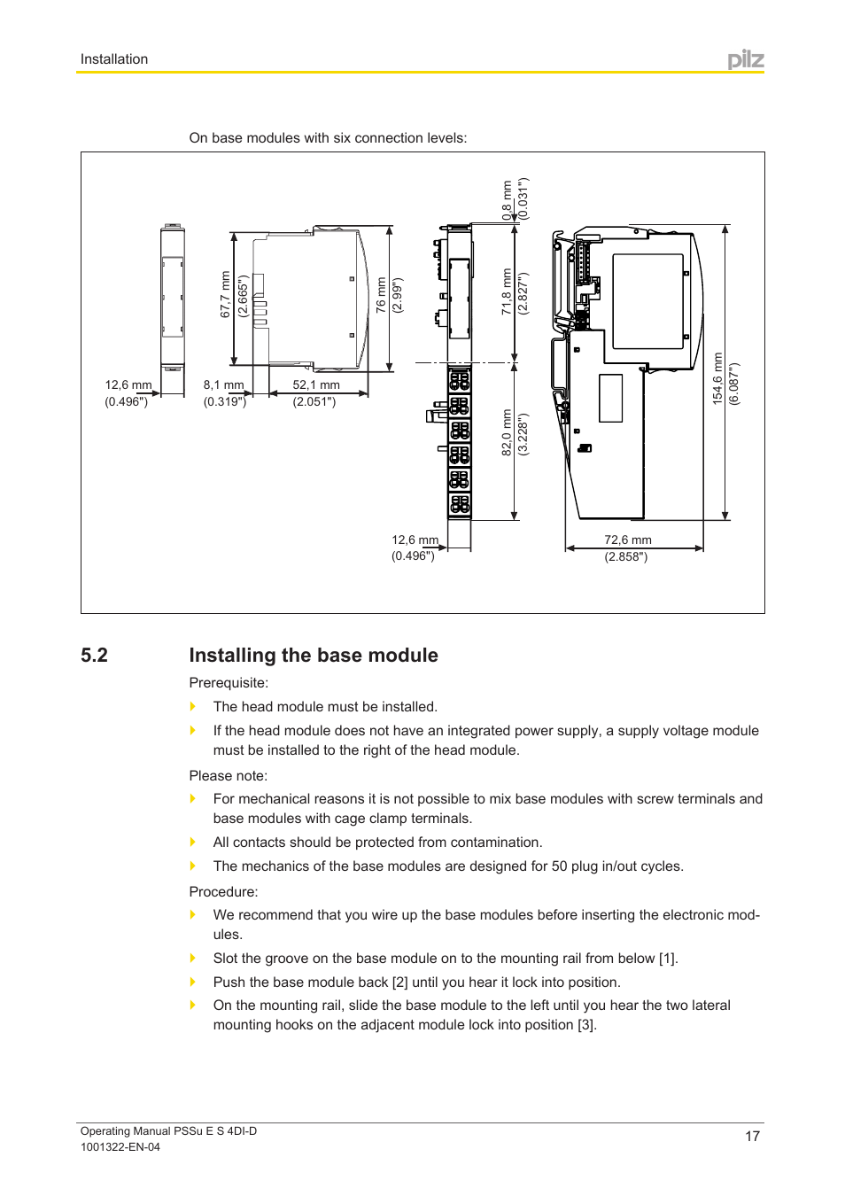 2 installing the base module, Installing the base module | Pilz PSSu E S 4DI-D User Manual | Page 17 / 32