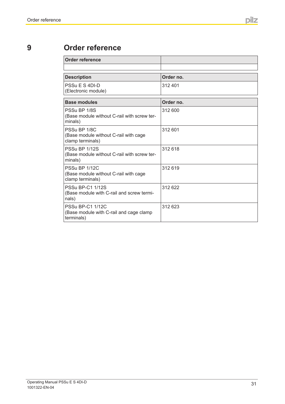 9 order reference, Section 9, Order reference | Pilz PSSu E S 4DI-D User Manual | Page 31 / 32