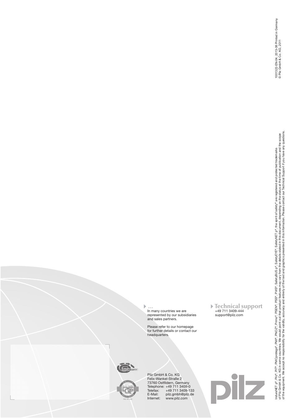 Contact address, Technical support, Front cover | Pilz PSSu E S 4DI-D User Manual | Page 32 / 32