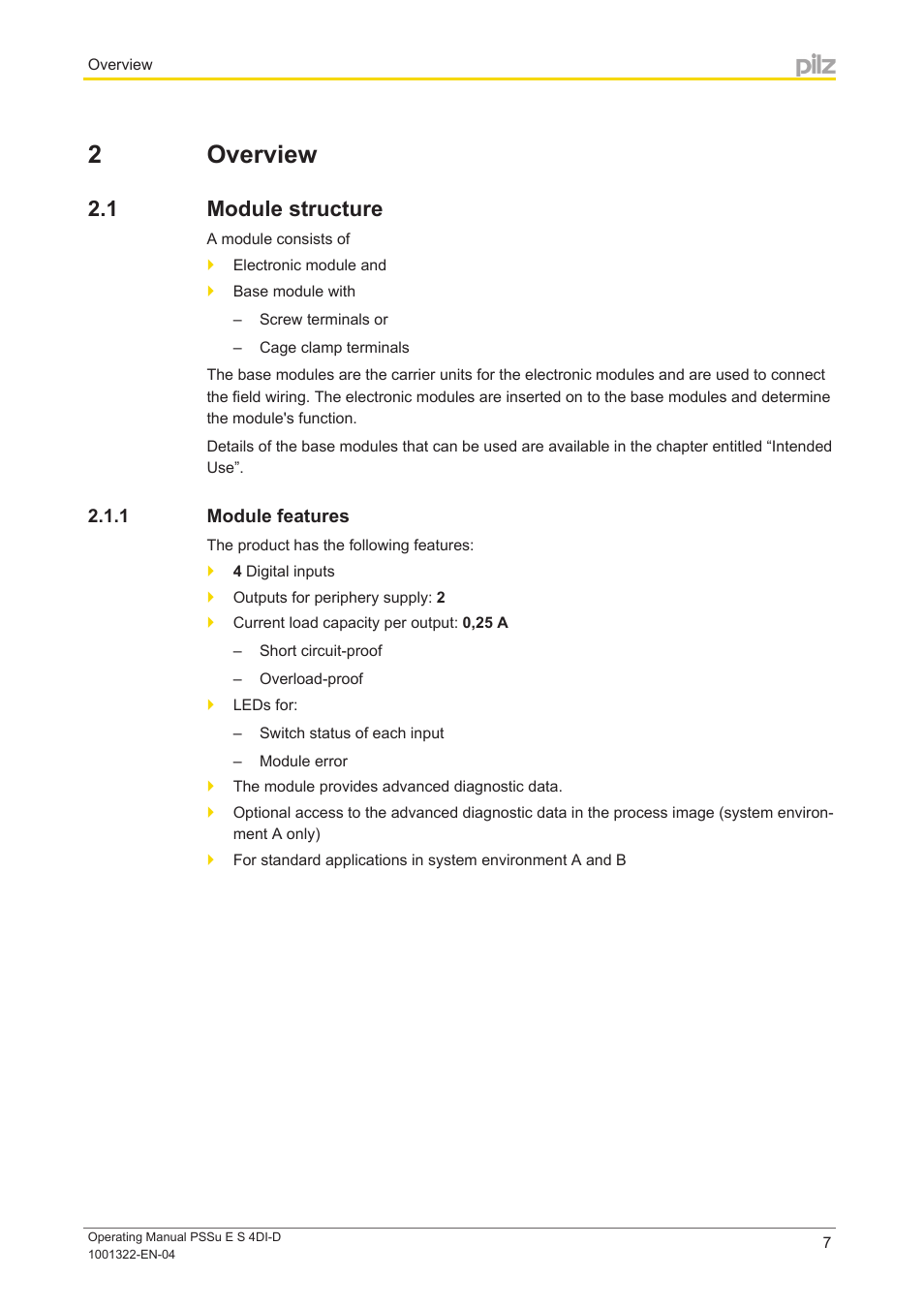 2 overview, 1 module structure, 1 module features | Section 2, Overview, Module structure, Module features | Pilz PSSu E S 4DI-D User Manual | Page 7 / 32