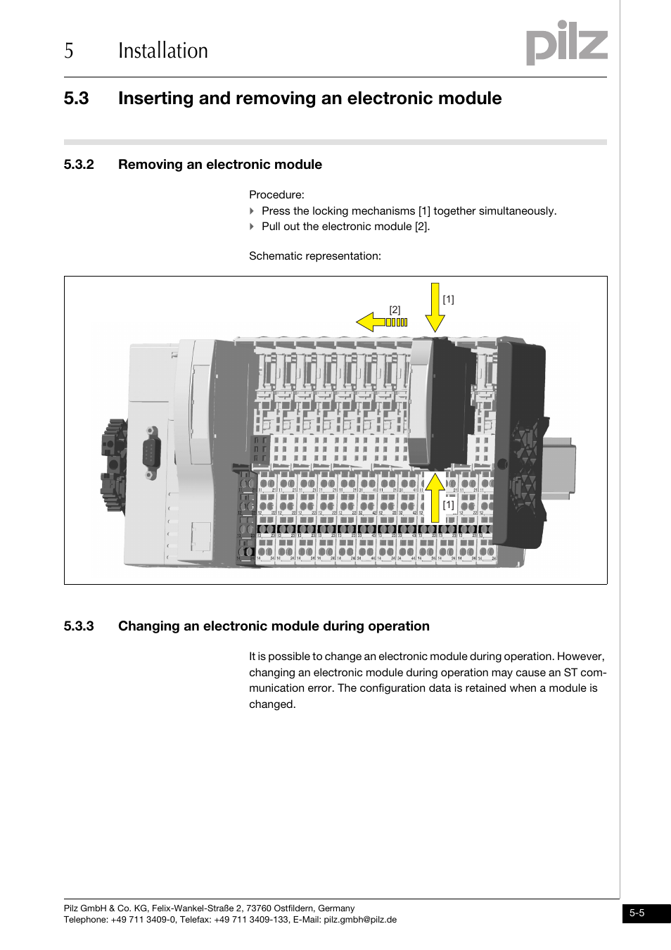 Removing an electronic module, Changing an electronic module during operation, 5installation | 3 inserting and removing an electronic module, 2 removing an electronic module, 3 changing an electronic module during operation | Pilz PSSu E S RS232-T User Manual | Page 25 / 41