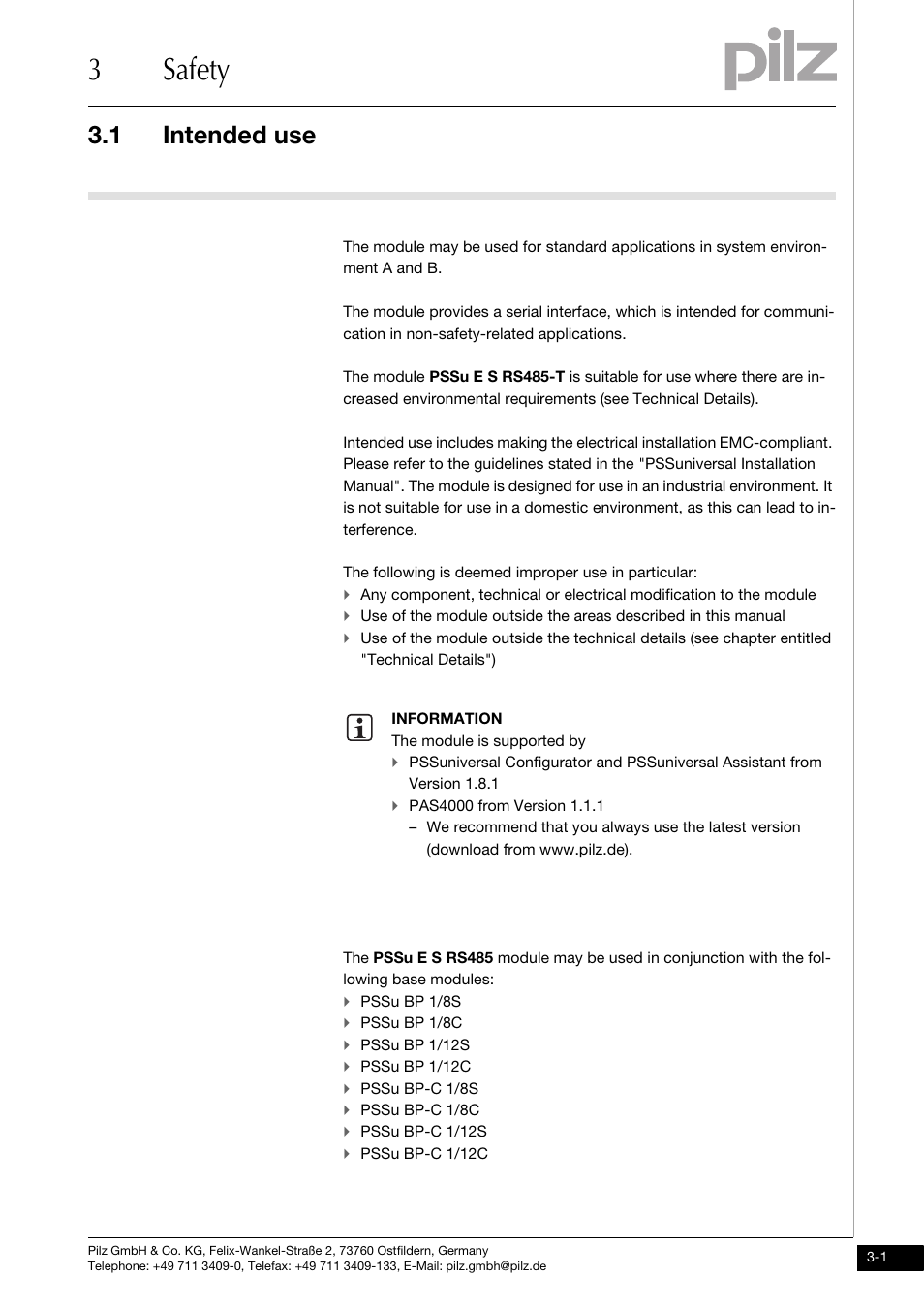 Safety, Intended use, 3safety | 1 intended use | Pilz PSSu E S RS485 User Manual | Page 13 / 41