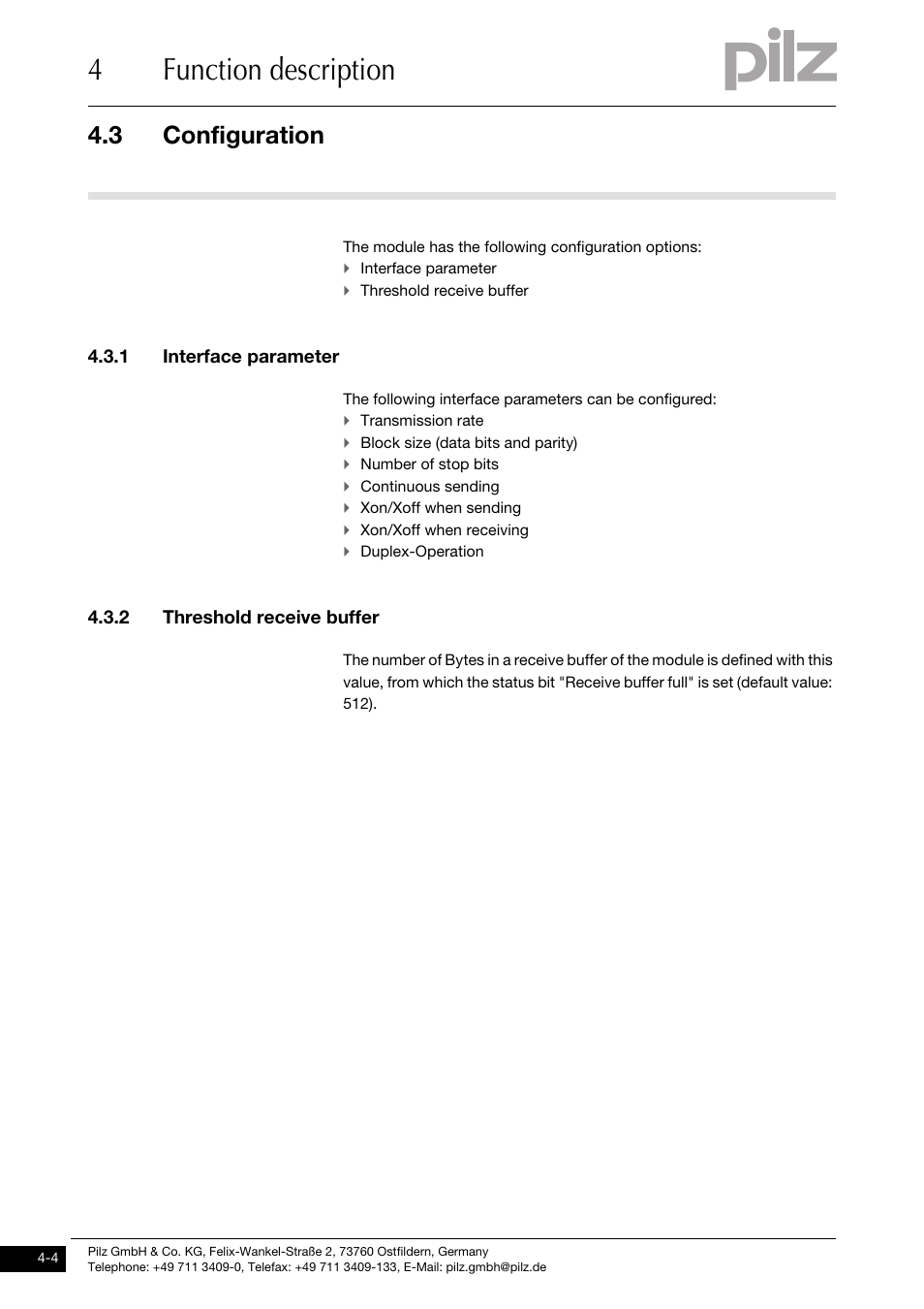 Configuration, 1 interface parameter, 2 threshold receive buffer | 4function description, 3 configuration | Pilz PSSu E S RS485 User Manual | Page 20 / 41