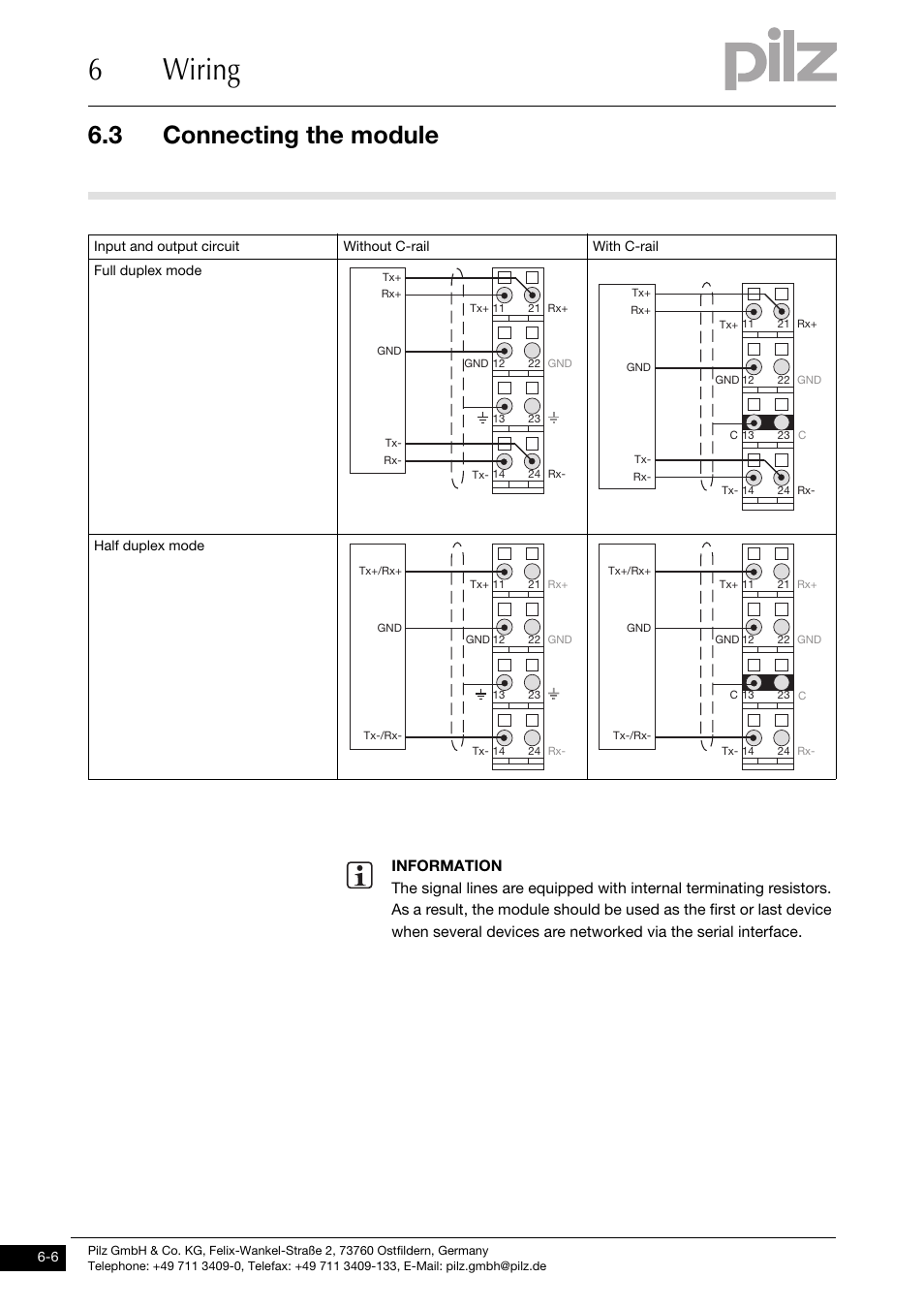 Connecting the module, 6wiring, 3 connecting the module | Pilz PSSu E S RS485 User Manual | Page 32 / 41