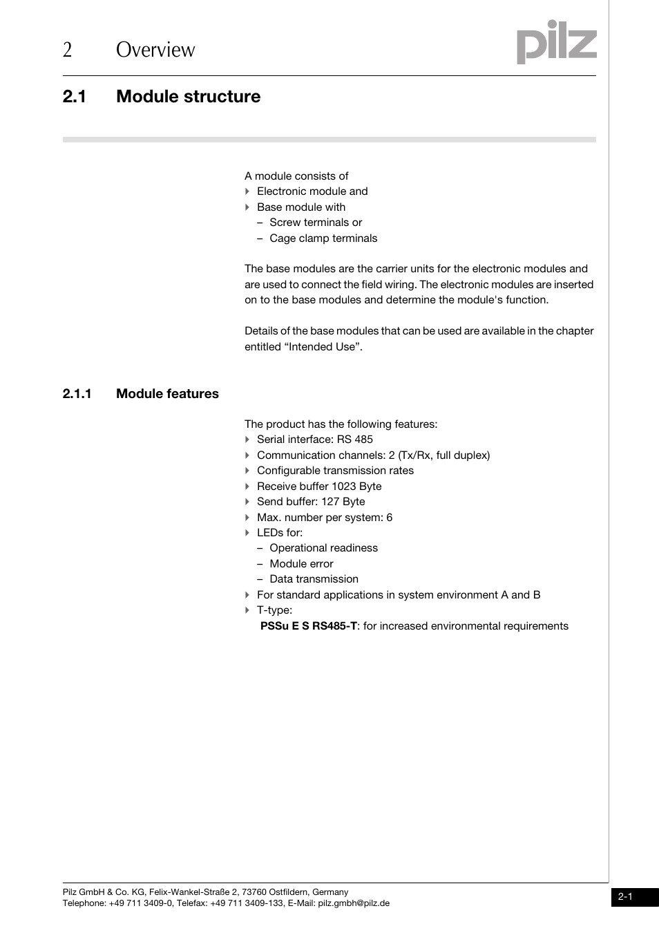 Overview, Module structure, 1 module features | 2overview, 1 module structure | Pilz PSSu E S RS485 User Manual | Page 9 / 41