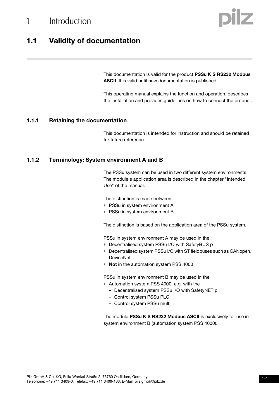 Introduction, Validity of documentation, 1 retaining the documentation | 2 terminology: system environment a and b, 1introduction, 1 validity of documentation | Pilz PSSu K S RS232 Modbus ASCII User Manual | Page 5 / 31