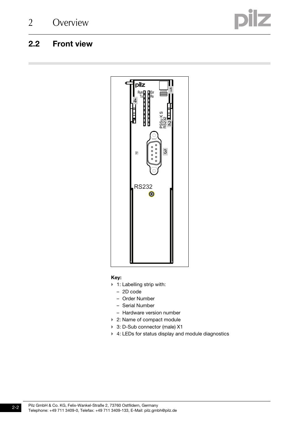 Front view, 2overview, 2 front view | Rs232 | Pilz PSSu K S RS232 User Manual | Page 10 / 29