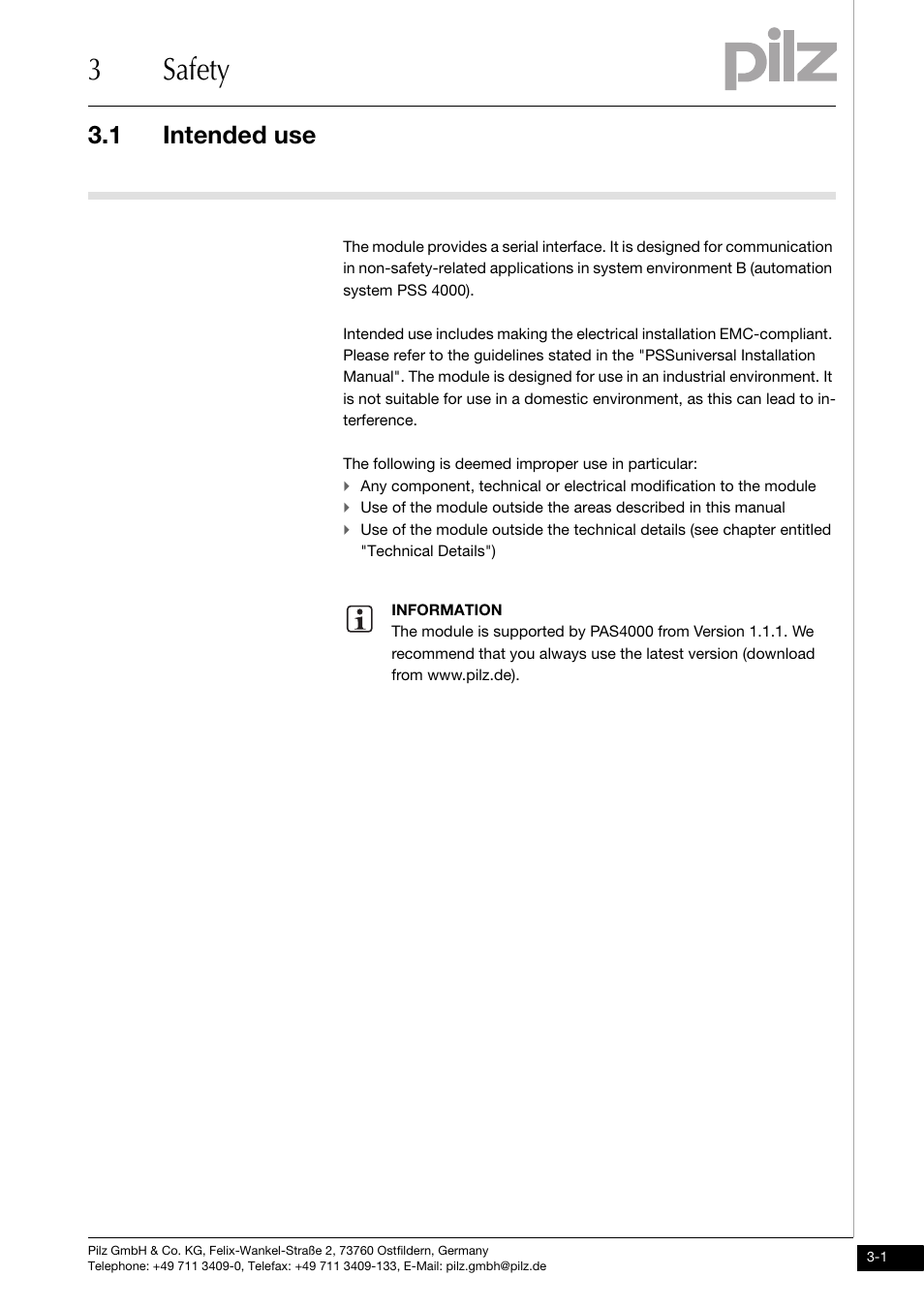 Safety, Intended use, 3safety | 1 intended use | Pilz PSSu K S RS232 User Manual | Page 11 / 29
