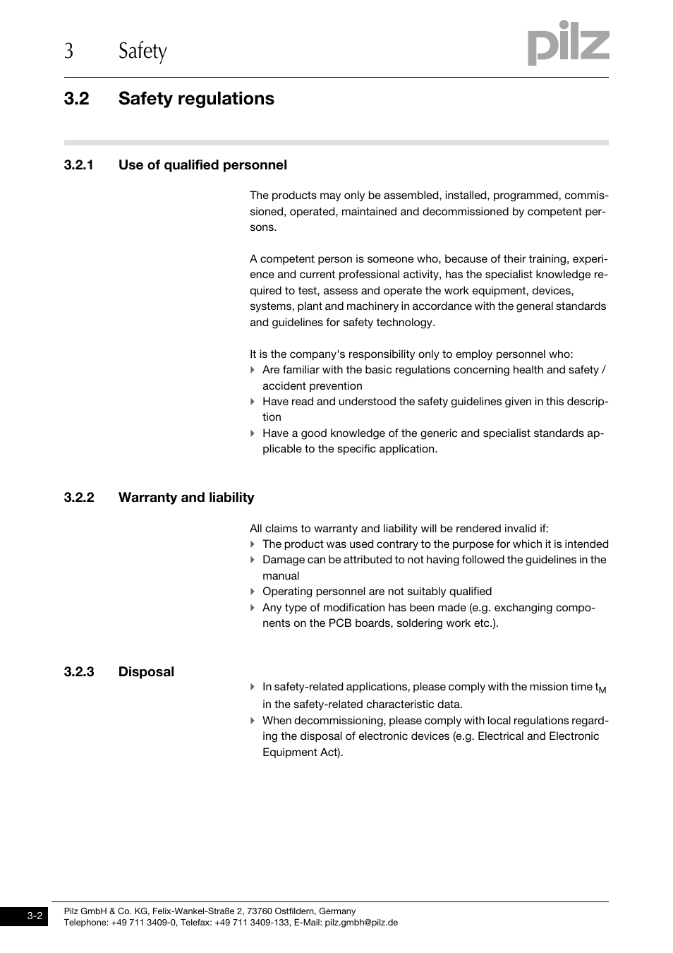 Safety regulations, 1 use of qualified personnel, 2 warranty and liability | 3 disposal, 3safety, 2 safety regulations | Pilz PSSu K S RS232 User Manual | Page 12 / 29