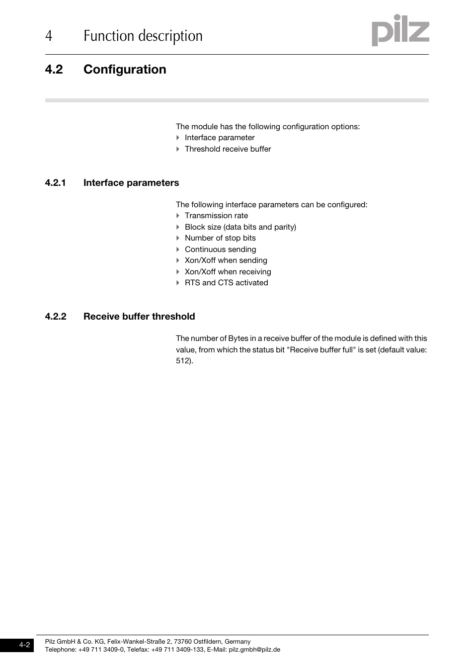 Configuration, 1 interface parameters, 2 receive buffer threshold | 4function description, 2 configuration | Pilz PSSu K S RS232 User Manual | Page 14 / 29