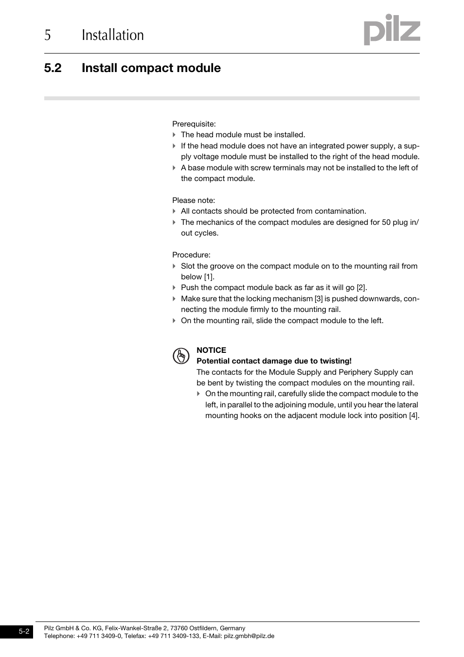 Install compact module, 5installation, 2 install compact module | Pilz PSSu K S RS232 User Manual | Page 16 / 29