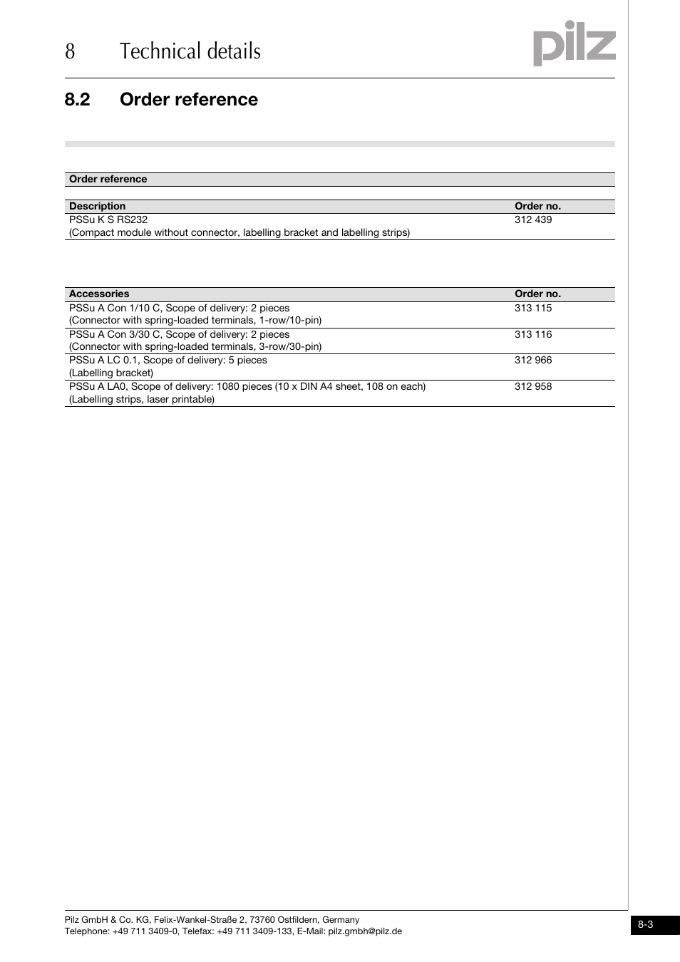 Order reference, 8technical details, 2 order reference | Pilz PSSu K S RS232 User Manual | Page 27 / 29