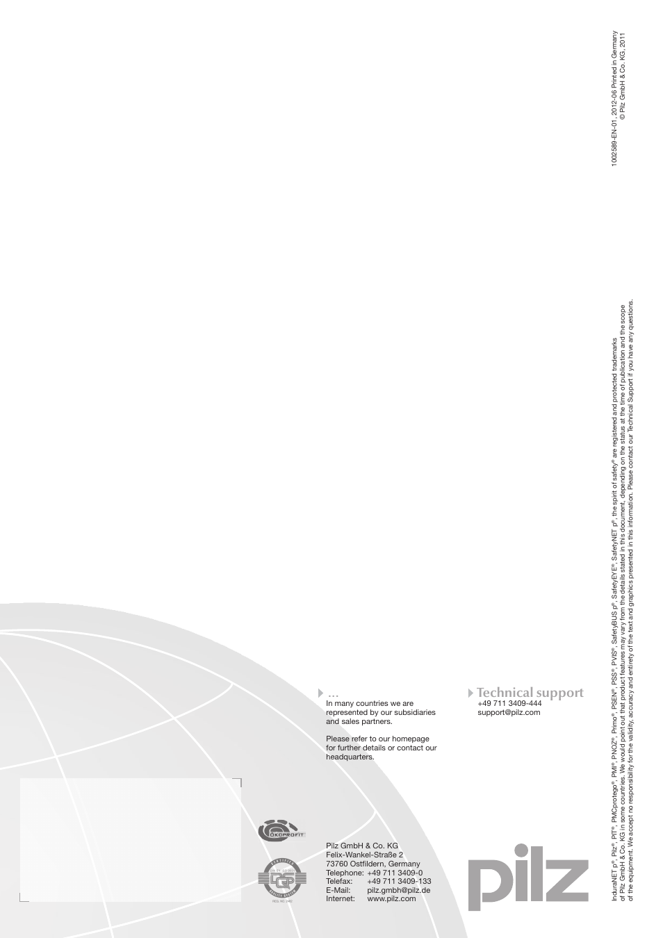 Contact address, Technical support | Pilz PSSu K S RS232 User Manual | Page 29 / 29