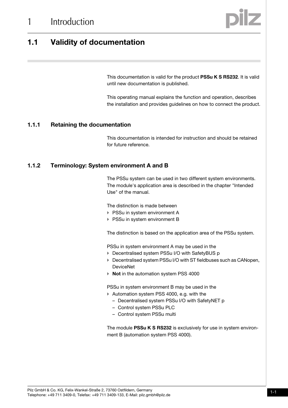 Introduction, Validity of documentation, 1 retaining the documentation | 2 terminology: system environment a and b, 1introduction, 1 validity of documentation | Pilz PSSu K S RS232 User Manual | Page 5 / 29