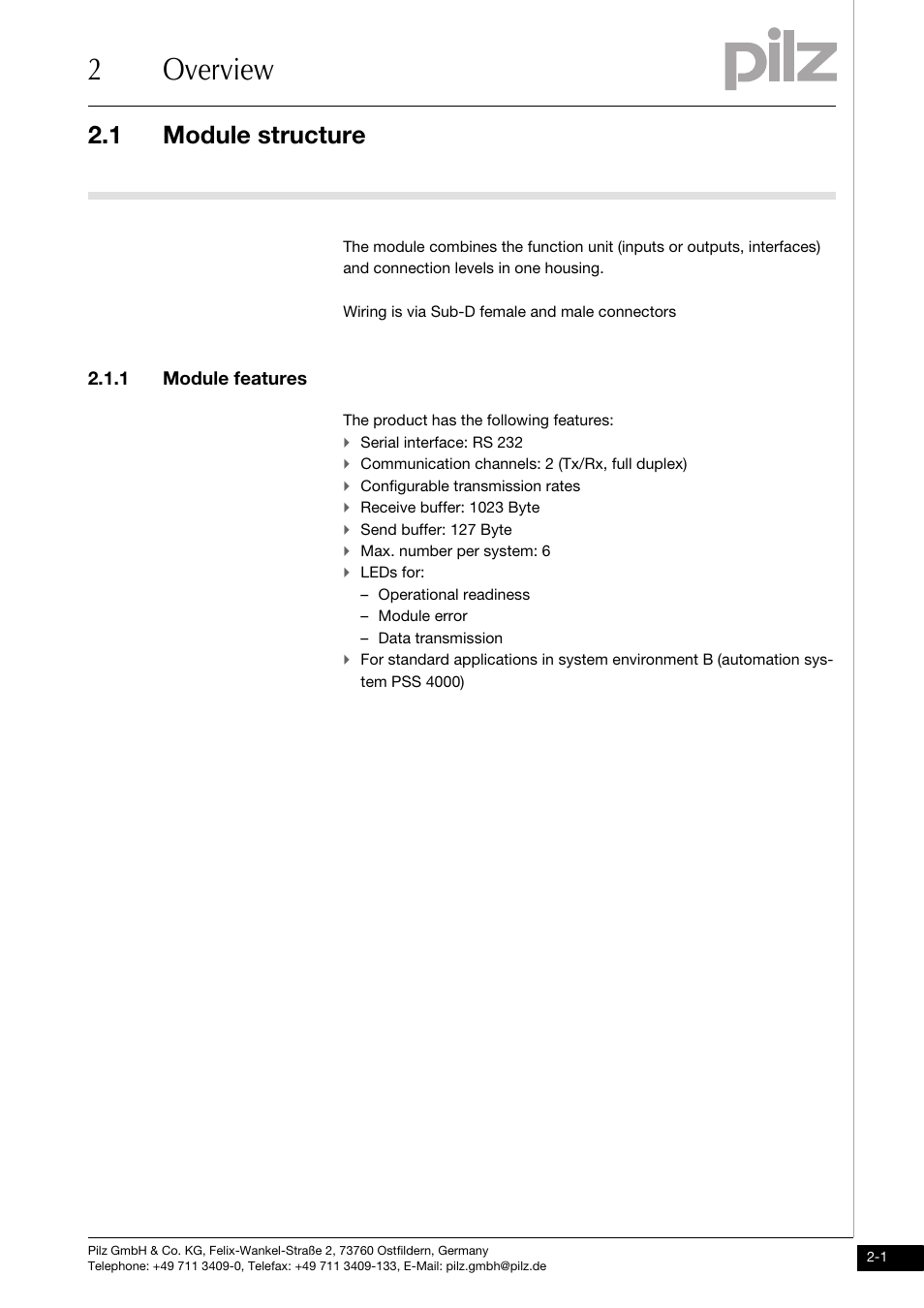 Overview, Module structure, 1 module features | 2overview, 1 module structure | Pilz PSSu K S RS232 User Manual | Page 9 / 29