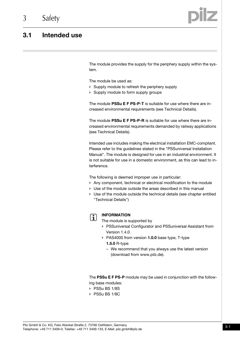 Safety, Intended use, 3safety | 1 intended use | Pilz PSSu E F PS-P User Manual | Page 13 / 37