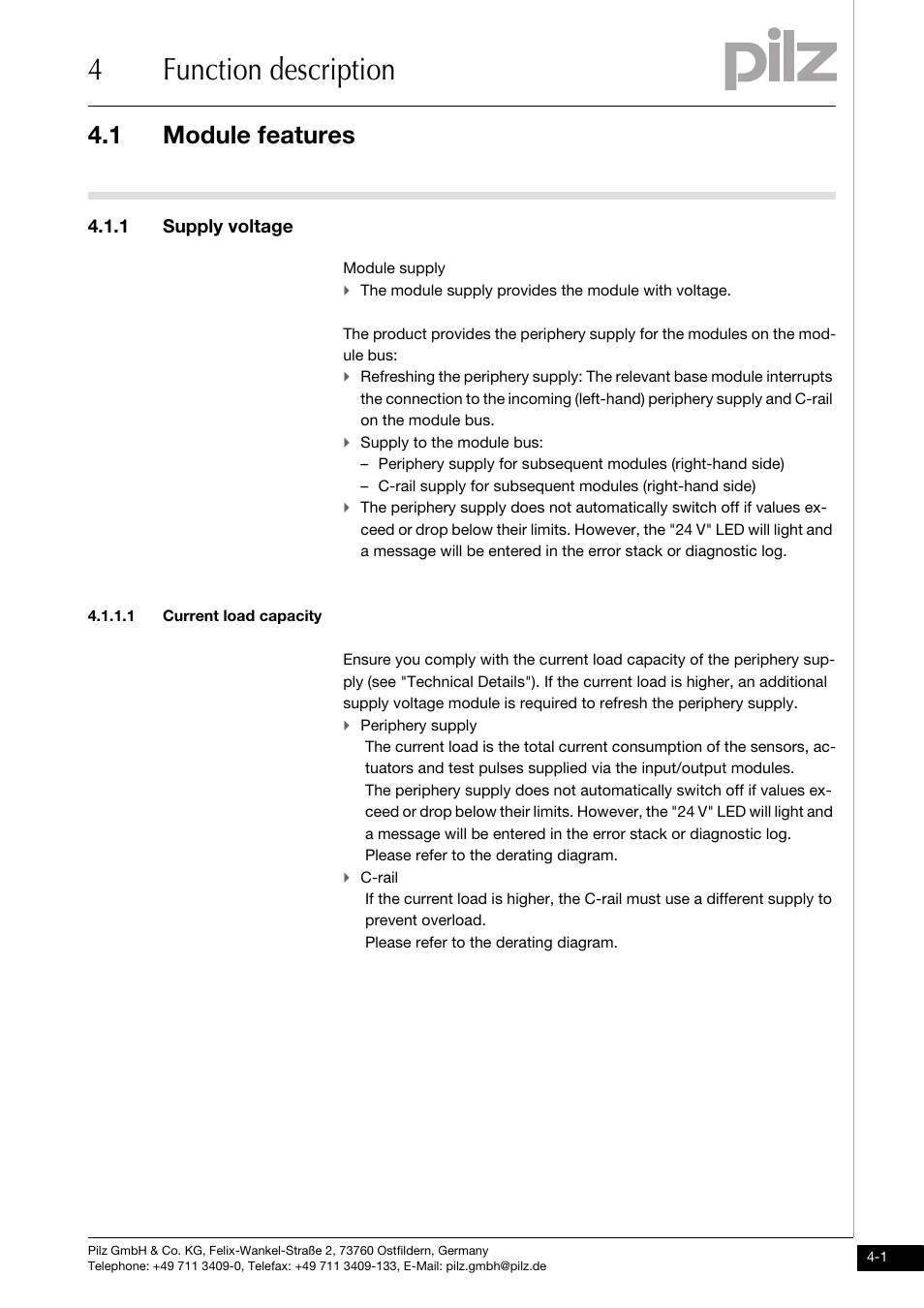 Function description, Module features, Supply voltage | Current load capacity, 4function description, 1 module features, 1 supply voltage | Pilz PSSu E F PS-P User Manual | Page 17 / 37