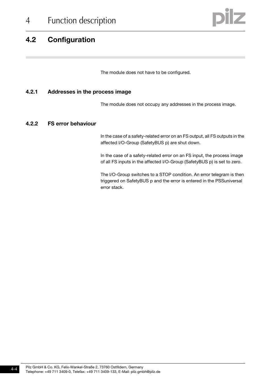 Configuration, Addresses in the process image, Fs error behaviour | 4function description, 2 configuration, 1 addresses in the process image, 2 fs error behaviour | Pilz PSSu E F PS-P User Manual | Page 20 / 37