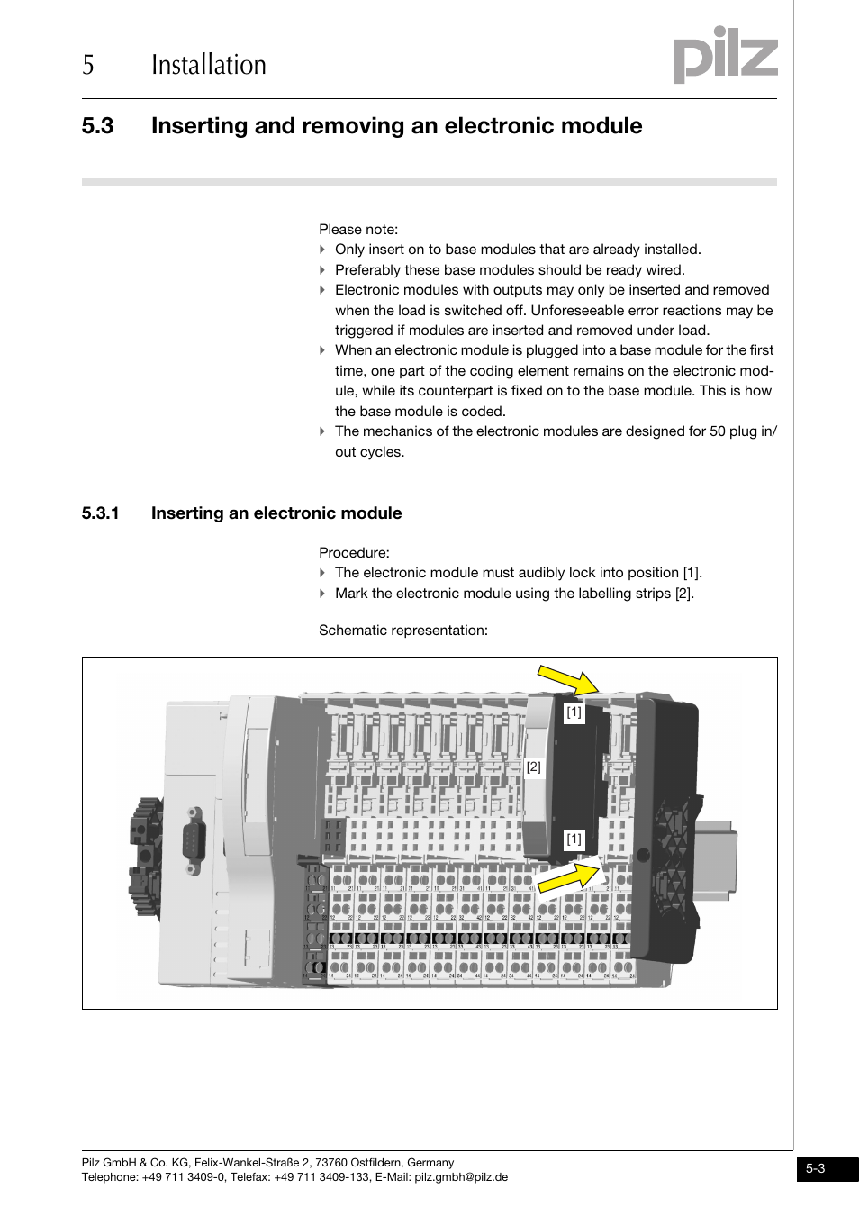 Inserting and removing an electronic module, Inserting an electronic module, 5installation | 3 inserting and removing an electronic module, 1 inserting an electronic module | Pilz PSSu E F PS-P User Manual | Page 23 / 37