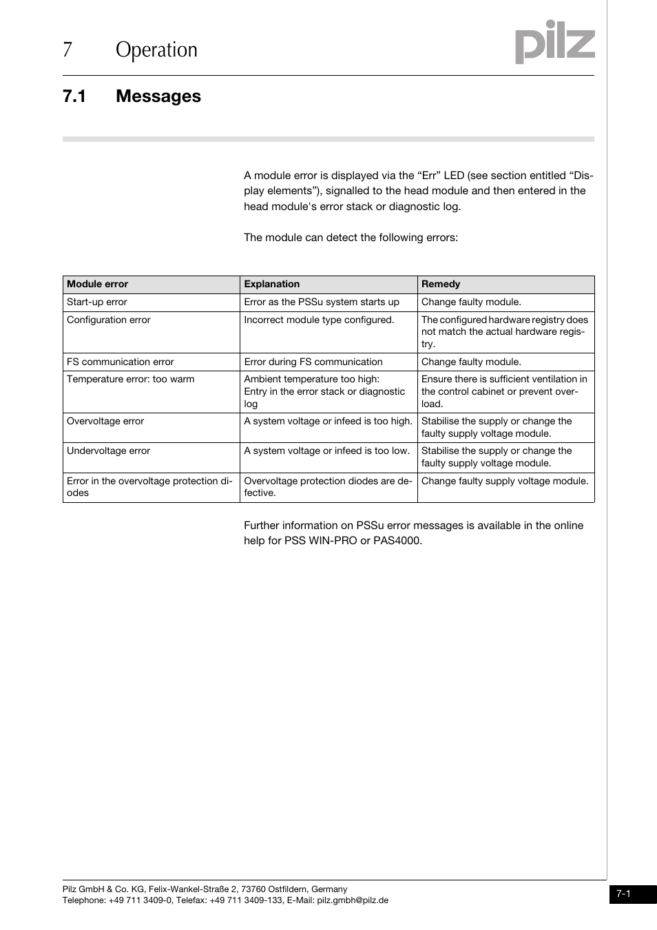Operation, Messages, 7operation | 1 messages | Pilz PSSu E F PS-P User Manual | Page 31 / 37