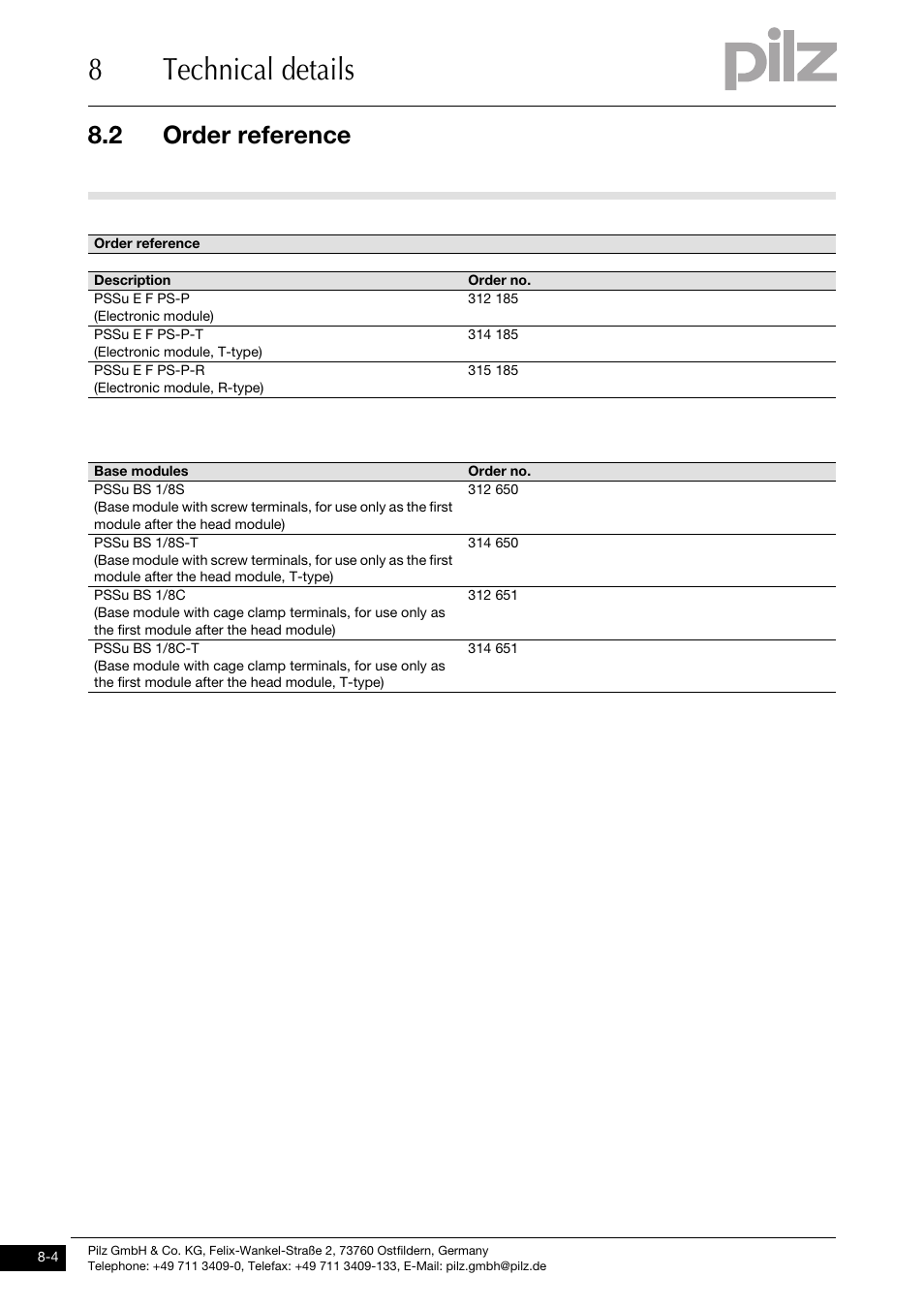 Order reference, 8technical details, 2 order reference | Pilz PSSu E F PS-P User Manual | Page 36 / 37